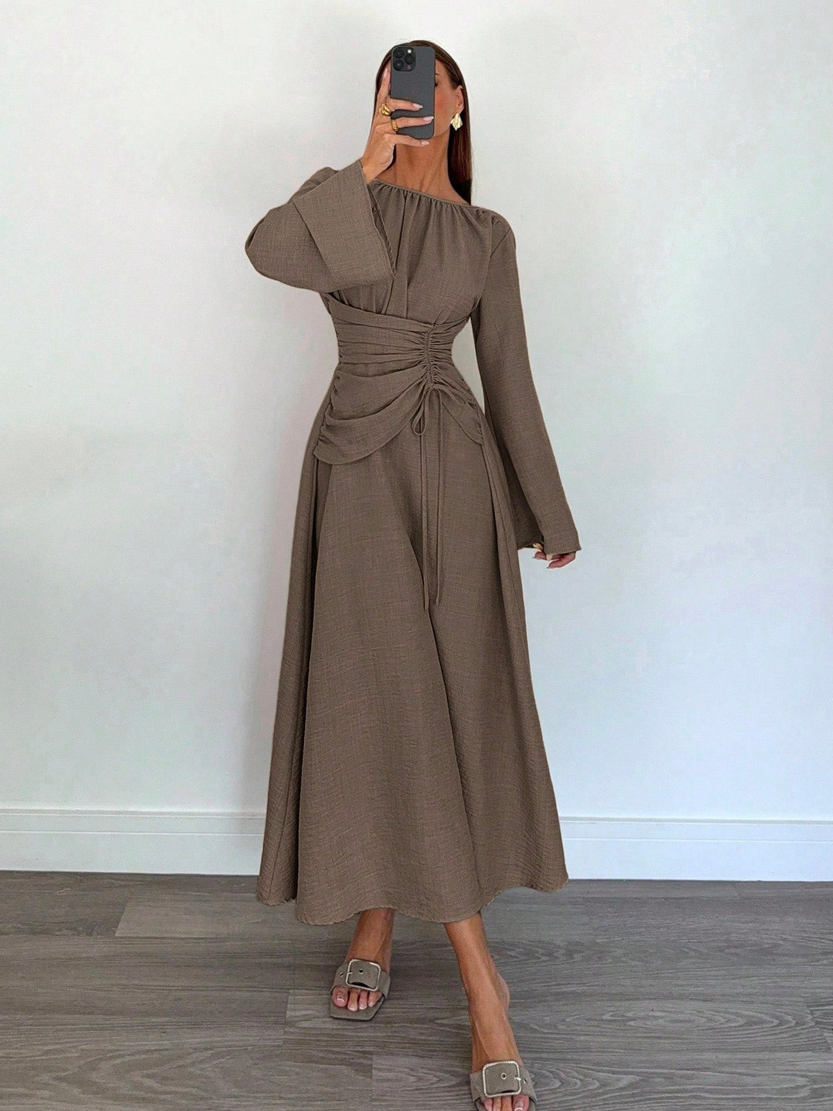 Women's Long Sleeve Tie Waist Ruched Midi Dress