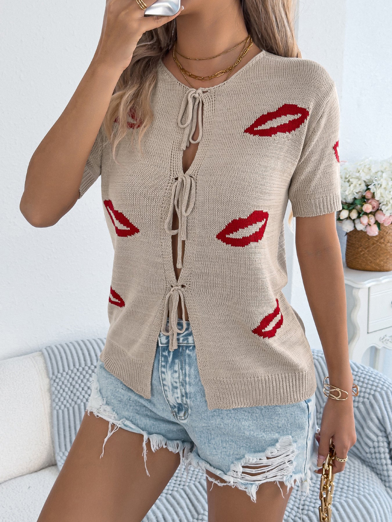 Y2K Lip Print Tie Front Knit Top Short Sleeve Cropped Cardigan Cute Going Out Sweater