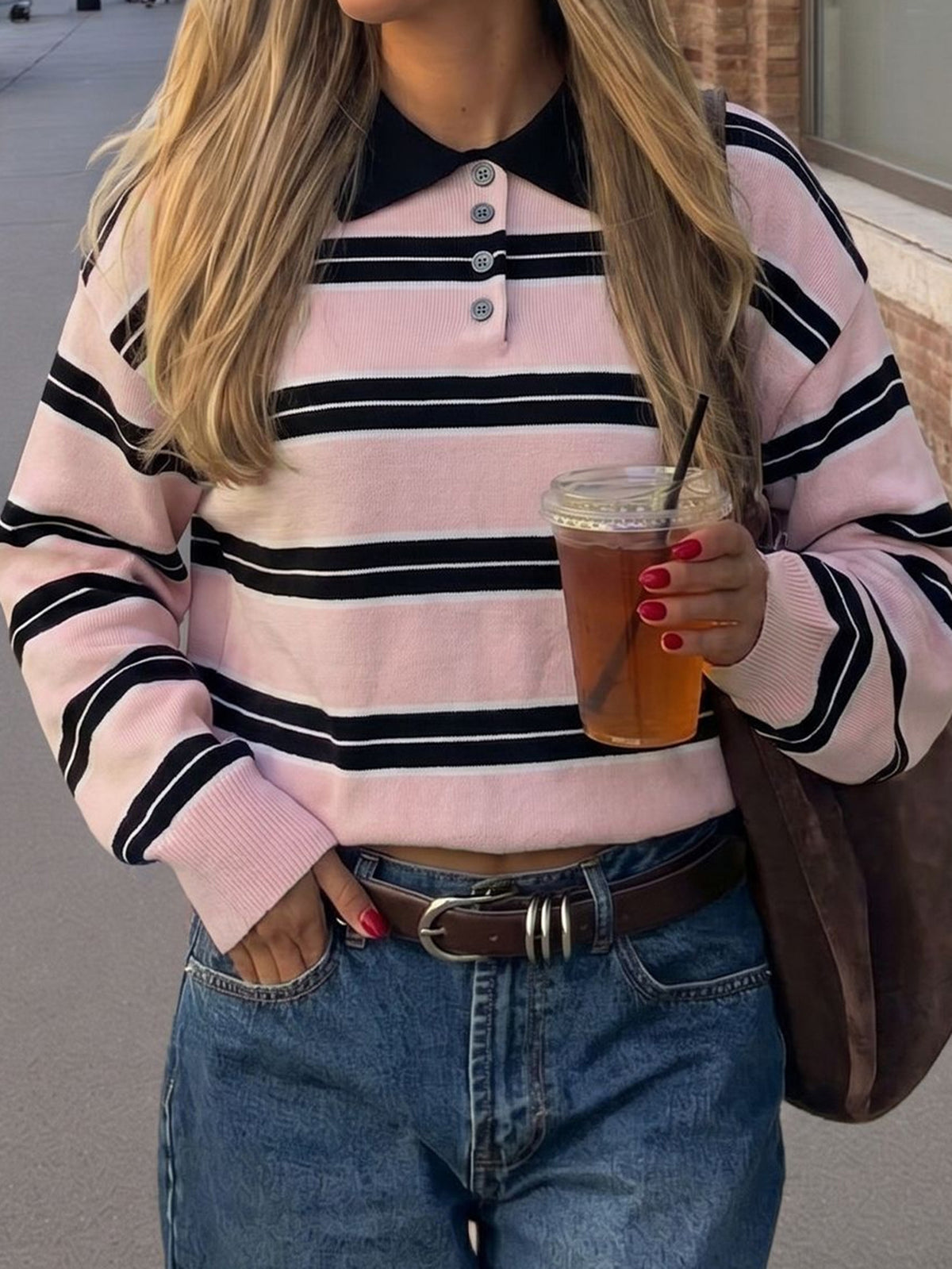 Women's Pink Striped Polo Sweater Long Sleeve Knit Top