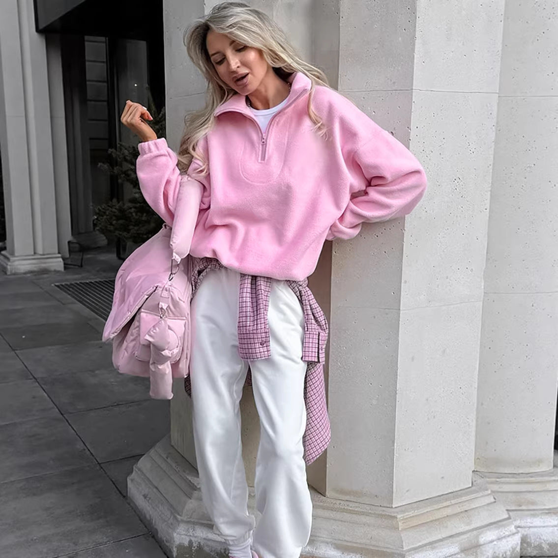 Solid Quarter Zip Pullover Sweatshirt Oversized Casual Chic