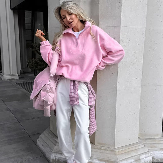 Solid Quarter Zip Pullover Sweatshirt Oversized Casual Chic