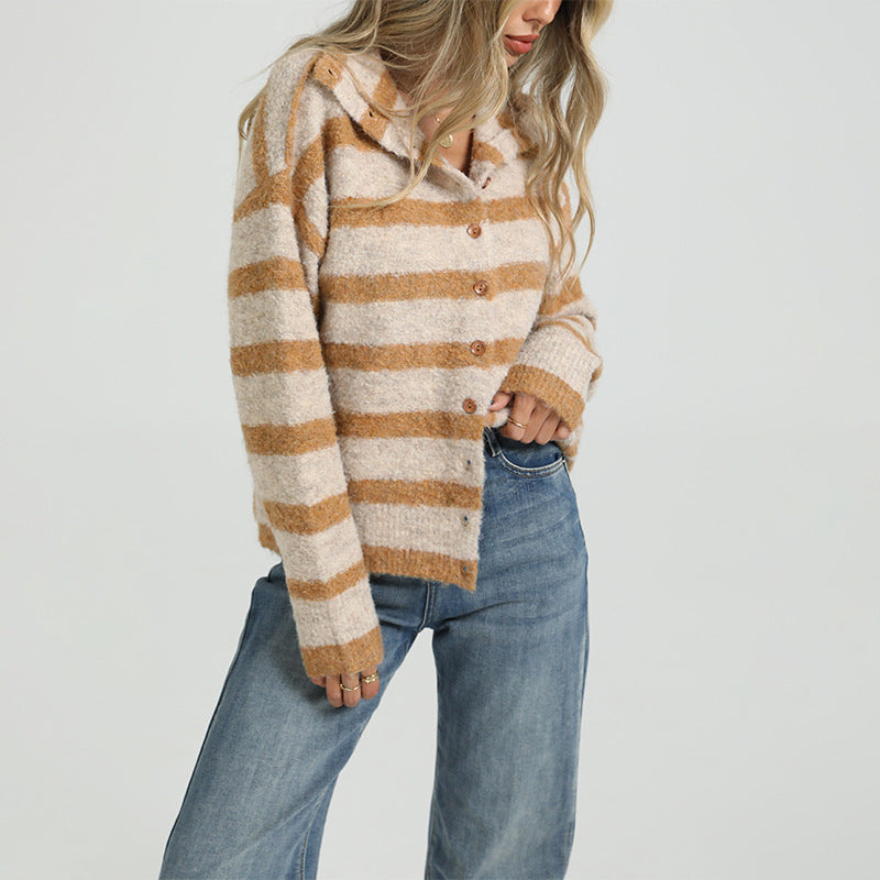 Women's Striped Collared Button Front Fuzzy Cardigan