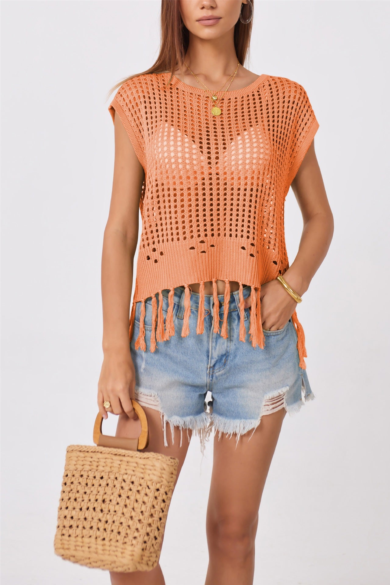 Crochet Fringe Knit Top Sleeveless Beach Cover Up