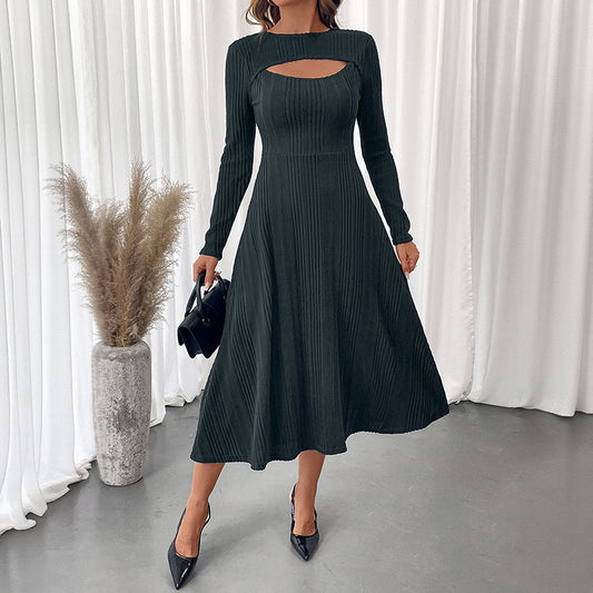 Elegant Solid Color Cutout Long Sleeve A-Line Midi Dress