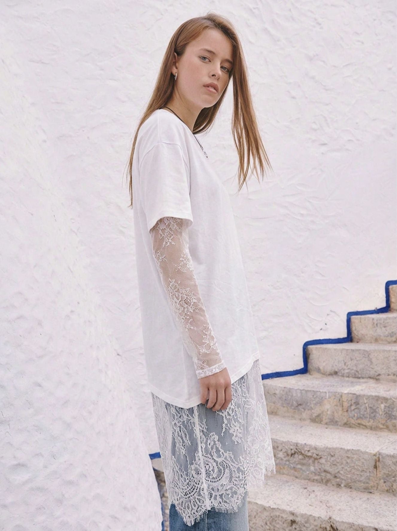 Women Lace Patchwork Sheer Sleeve Loose T Shirt