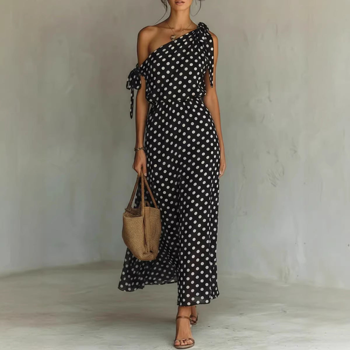 Polka Dot One-Shoulder Maxi Dress with Tie Straps