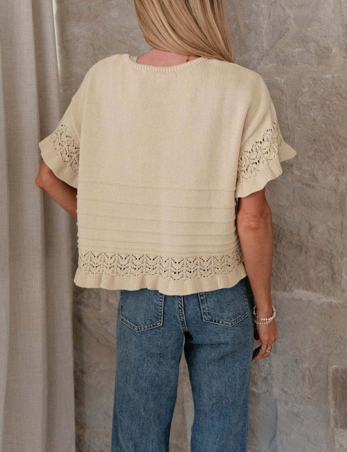 Solid Knit Top Casual Eyelet Ruffle Sleeve