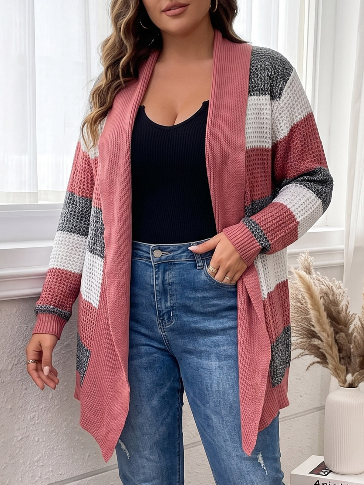 Plus Size Color Block Open Front Cardigan Sweater