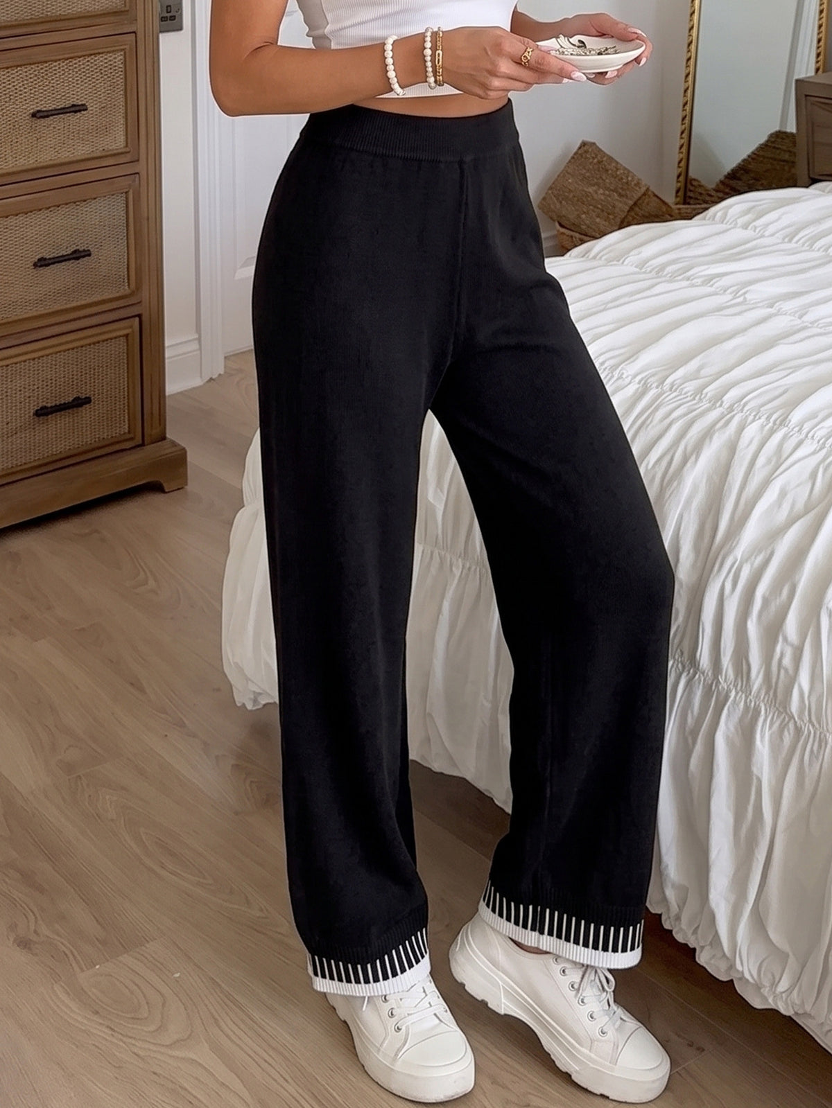 Women's Contrast Hem Knit Wide Leg Pants Loose Fit
