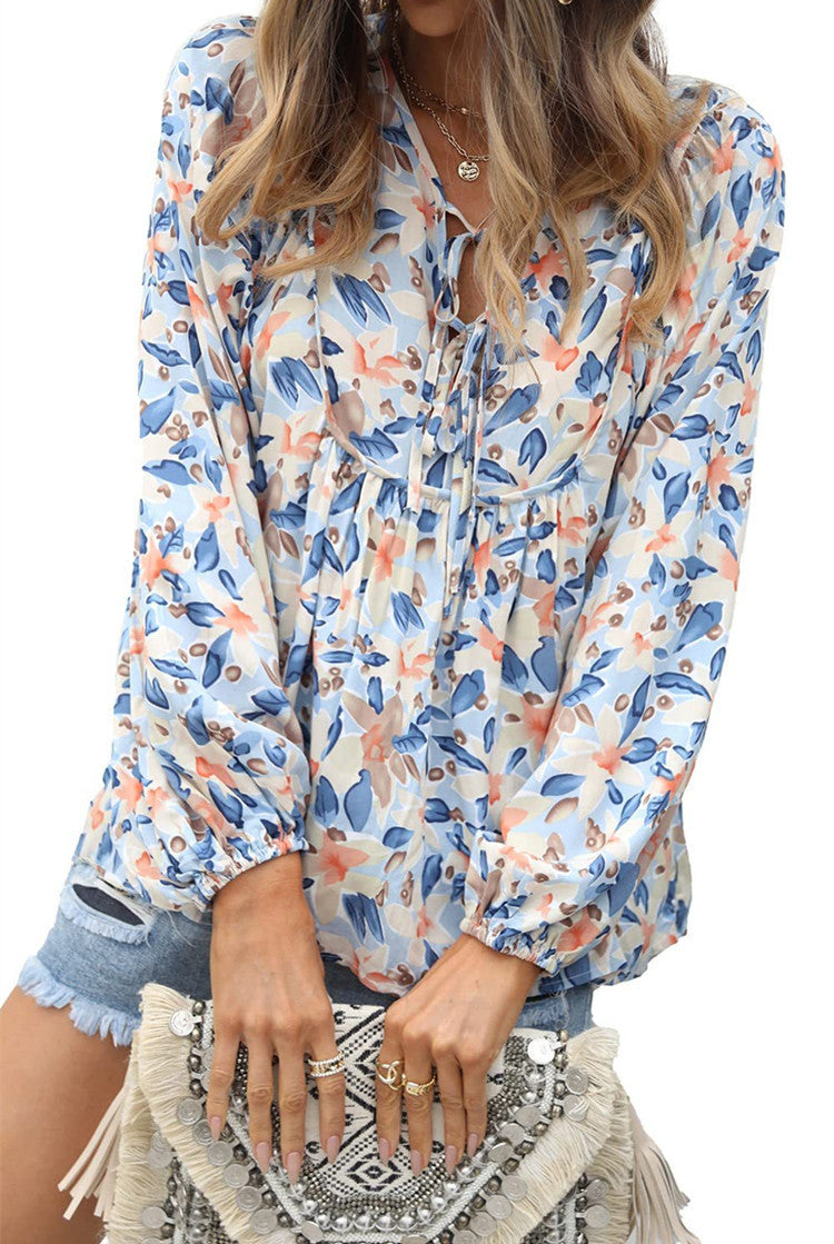 Floral Tie Neck Blouse Ruffle Long Sleeve Relaxed Fit