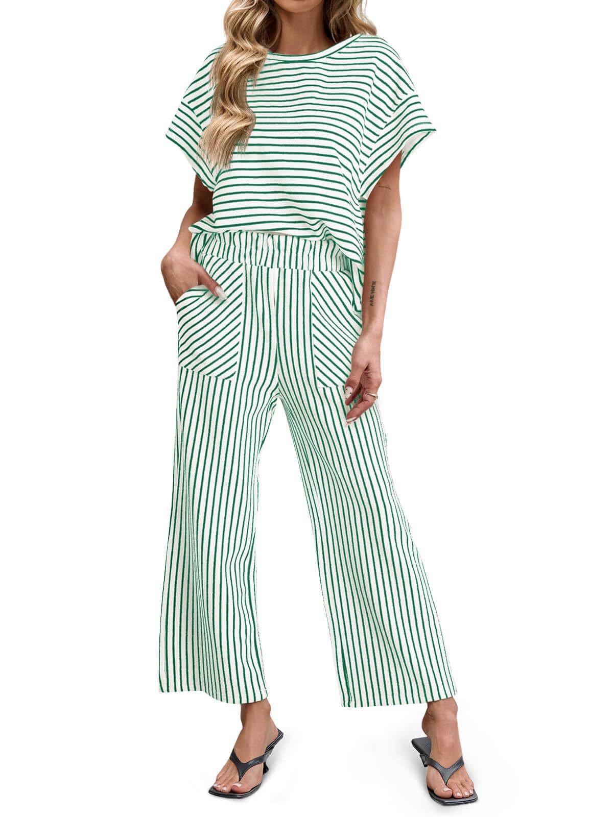 Striped Wide Leg Pants Set Casual Summer Lounge Outfit