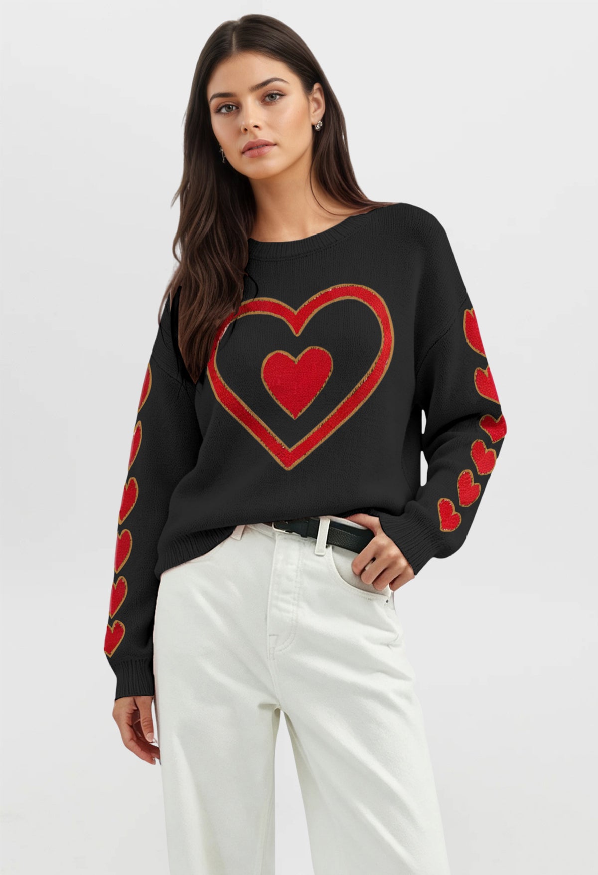 Women's Heart Bow Sweater Valentine Crewneck Knit Pullover
