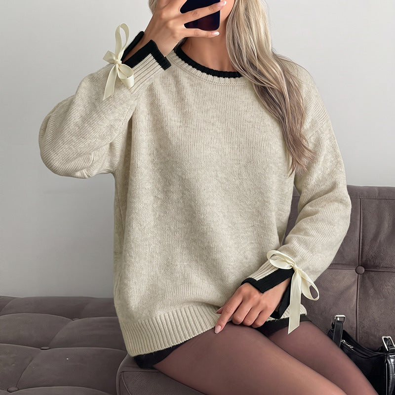 Bow Detail Contrast Knit Sweater Crew Neck Long Sleeve