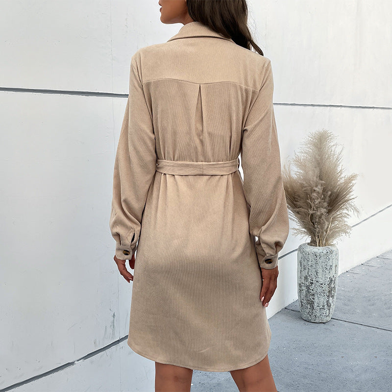 Corduroy Button Down Long Sleeve Shirt Dress with Belt