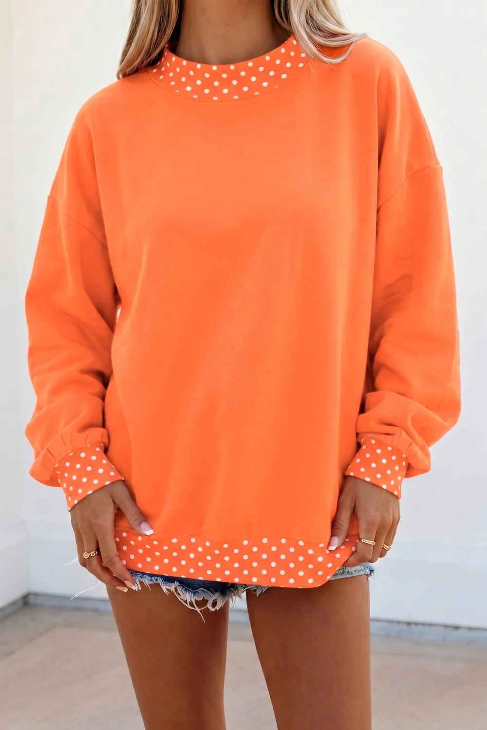 Women's Oversized Fleece Polka Dot Trim Sweatshirt