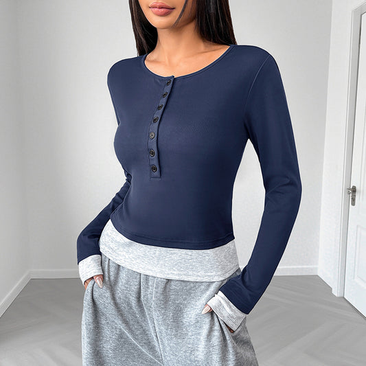 Colorblock Fake Two Piece Slim Fit Long Sleeve Top