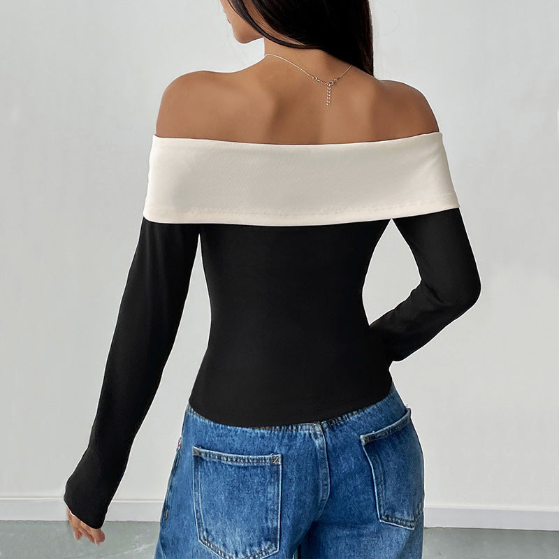 Off Shoulder Bow Tie Contrast Slim Fit Long Sleeve Top