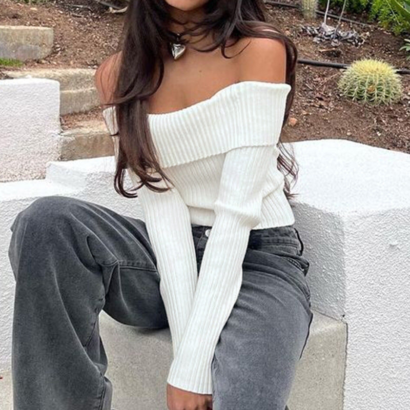 Off Shoulder White Knit Crop Top Long Sleeve Sweater
