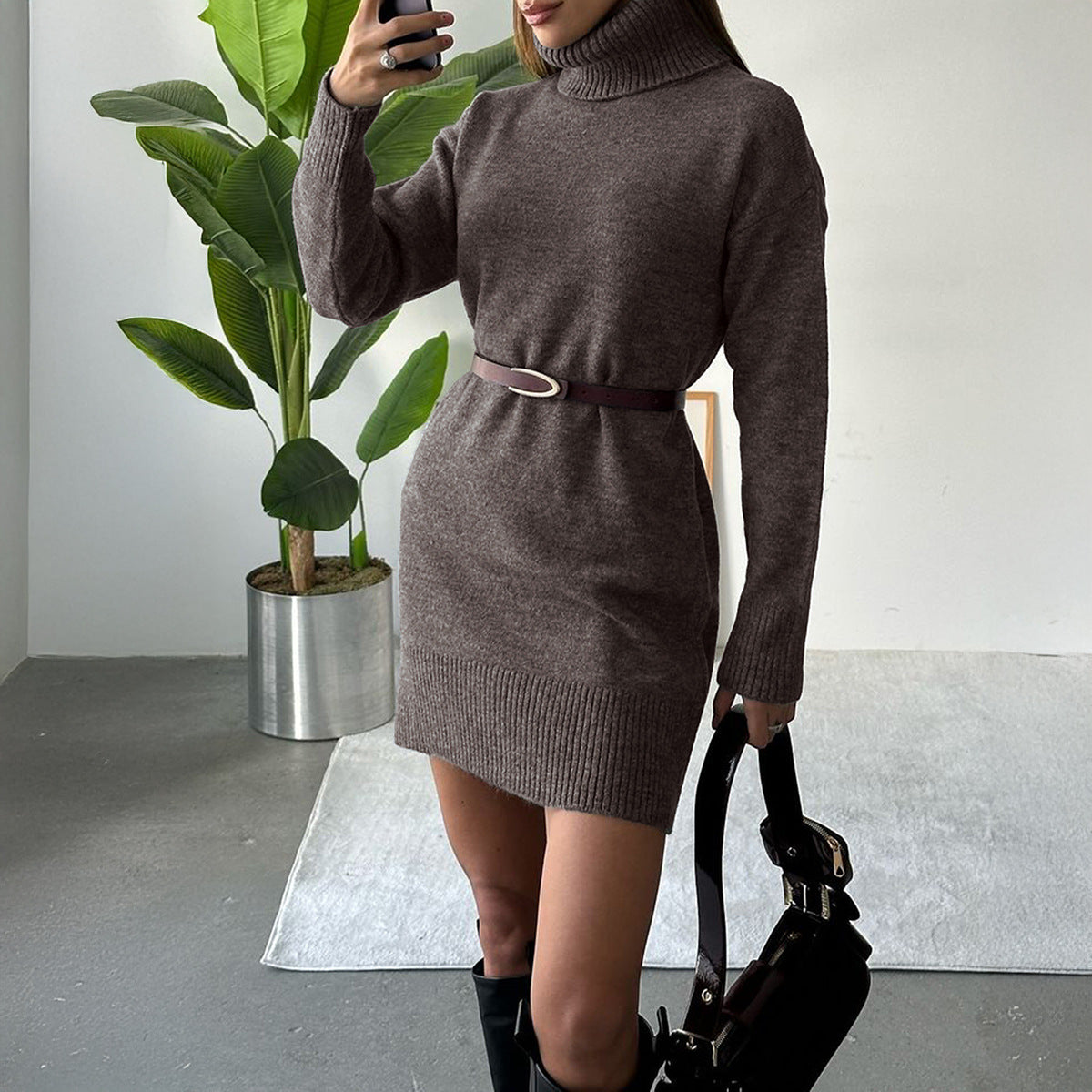Casual Turtleneck Long Sleeve Mini Sweater Dress