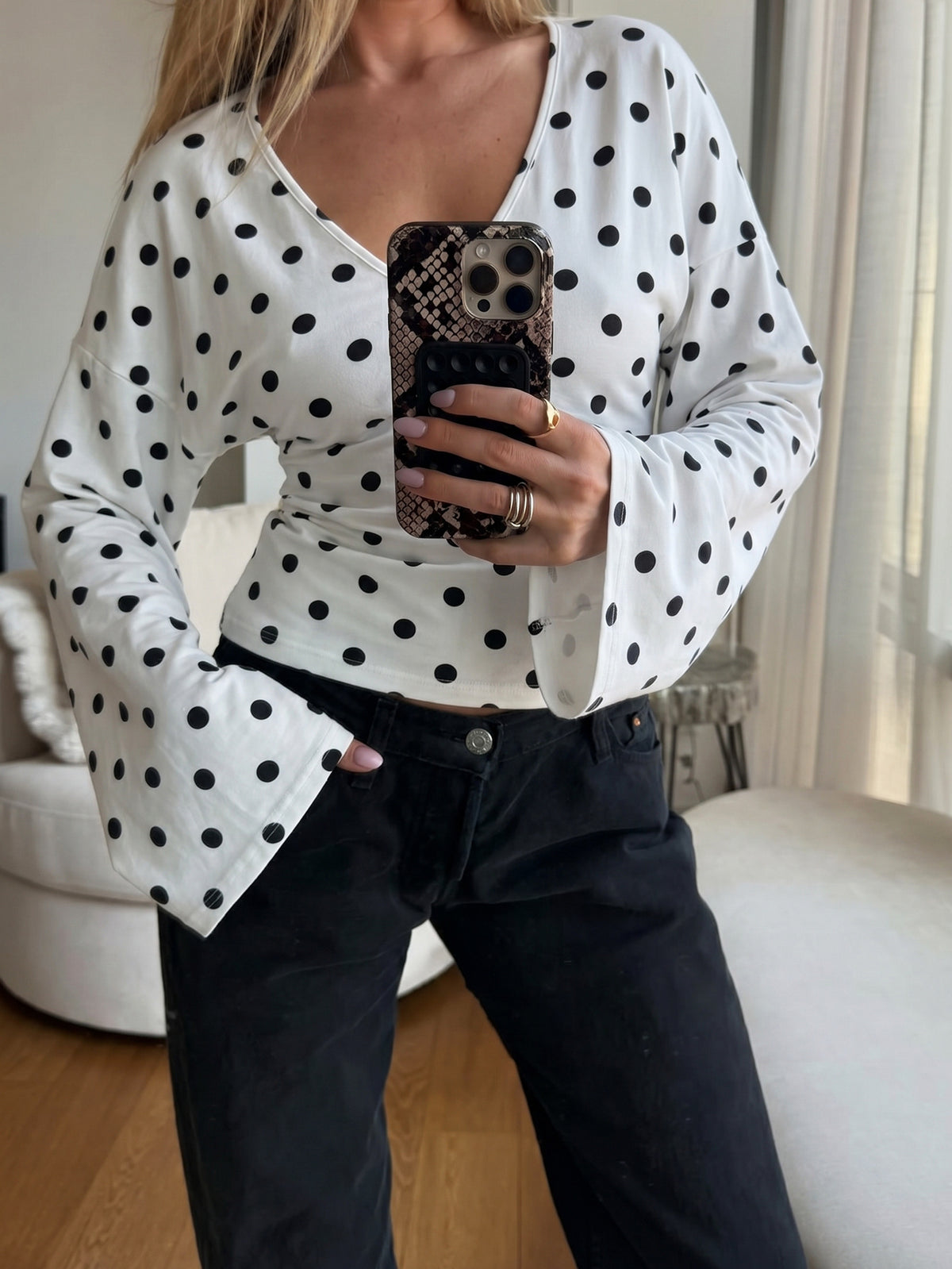 Women's Polka Dot Wrap V Neck Flare Sleeve Blouse