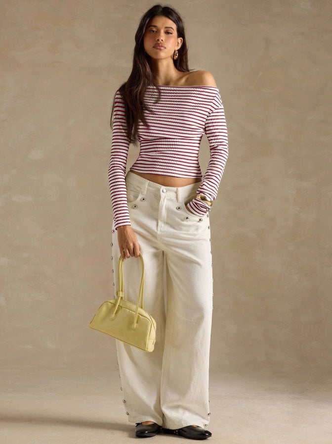 Striped Off Shoulder Long Sleeve Knit Top