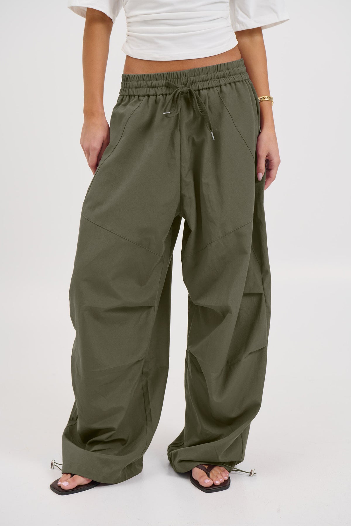 Womens Parachute Cargo Pants Wide Leg Drawstring