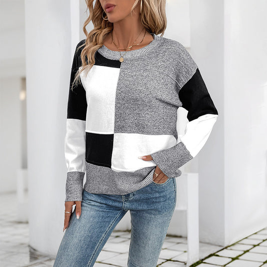Color Block Patchwork Loose Fit Long Sleeve Knit Sweater