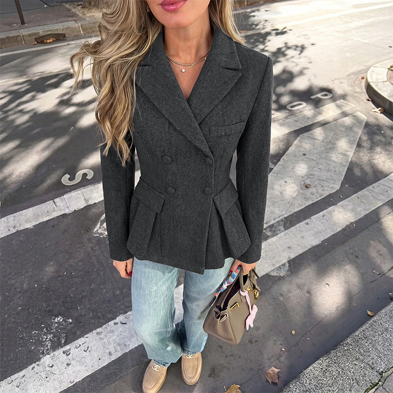 Solid Blazer Tailored Double Breasted Peplum