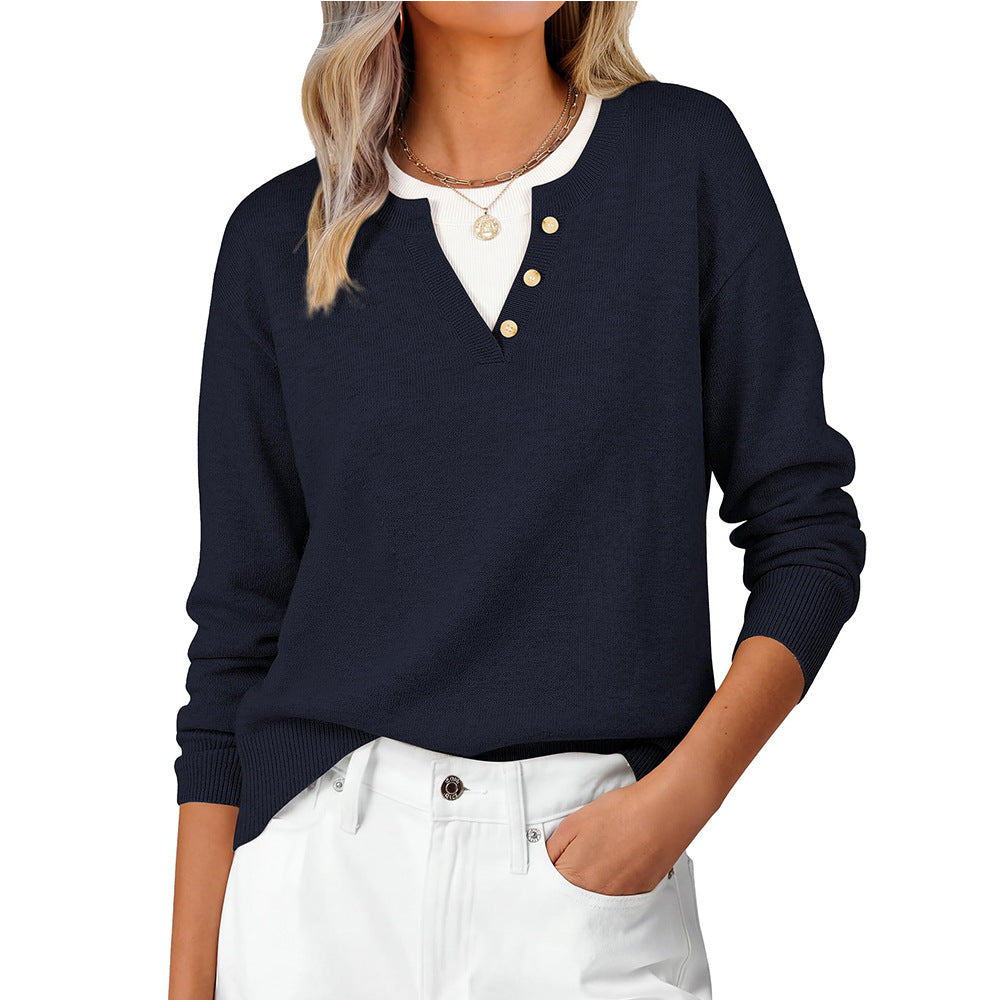 V Neck Button Contrast Knit Sweater Old Money Style