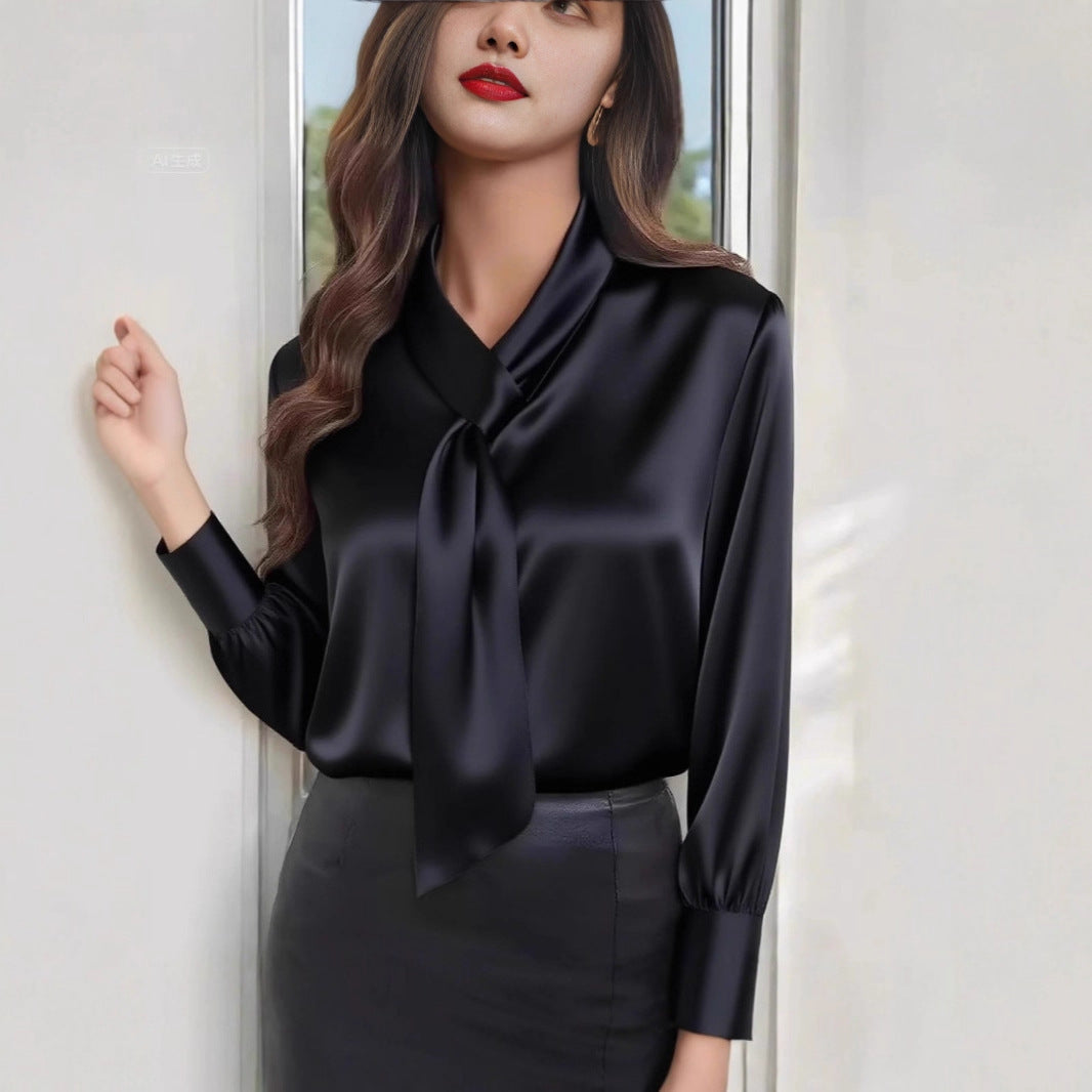 Solid Satin Blouse Tie Neck Long Sleeve Elegant Fit
