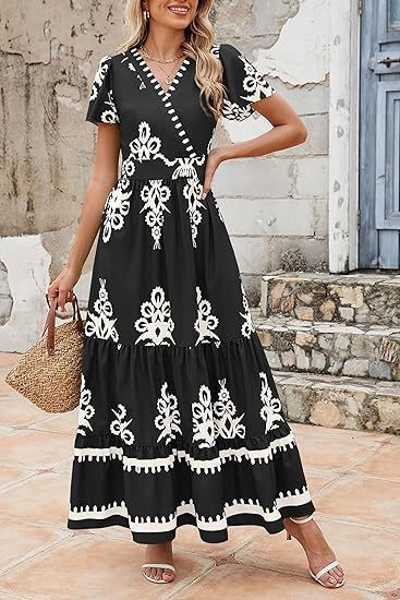 V Neck Floral Print Maxi Dress with Short Sleeves and Pockets