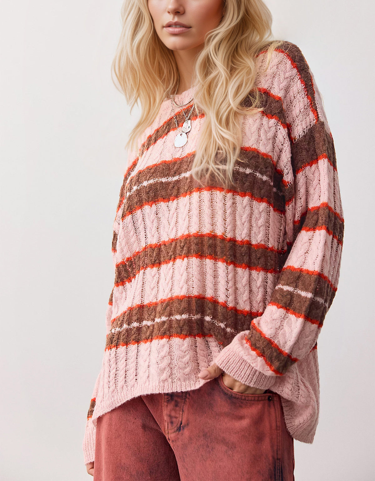 Women's Oversized Cable Knit Striped Crew Neck Sweater