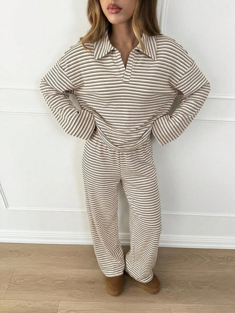 Striped Lounge Set Casual Collared Pullover Wide Leg Pants