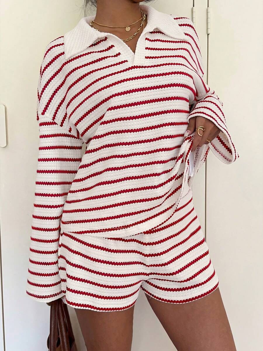 Striped Polo Lounge Set Resort Textured Collared Oversized