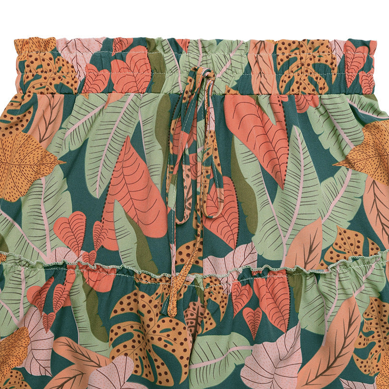 Vacation Style Floral Print Ruffle Hem Shorts