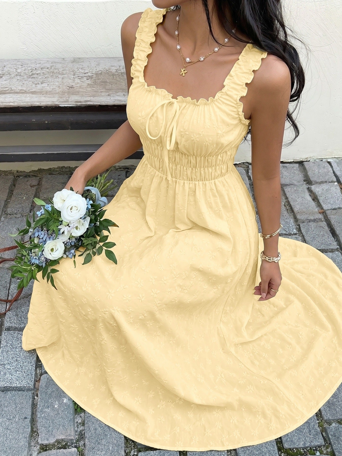 Ruffled Sleeveless Smocked Waist Maxi Dress Summer Strap Sundress