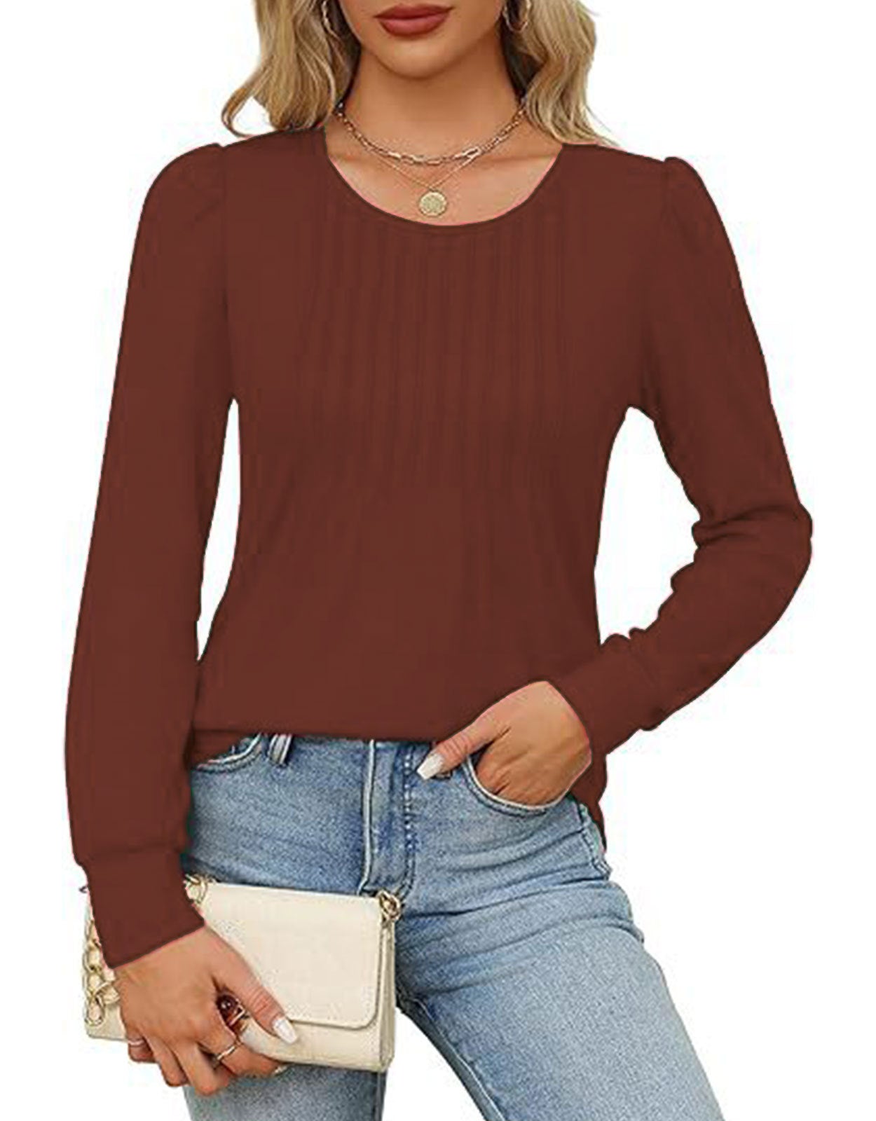 Solid Cotton Top Casual Pleated Puff Sleeve