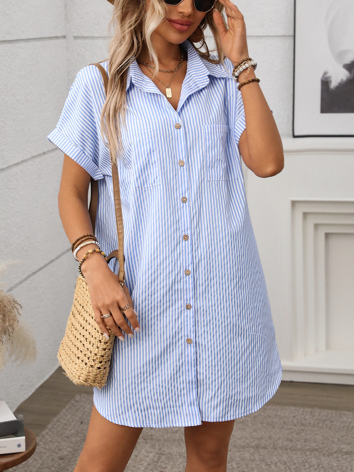 2025 Summer Short Sleeve Striped Cotton Linen Dress Mid-Length Shirt