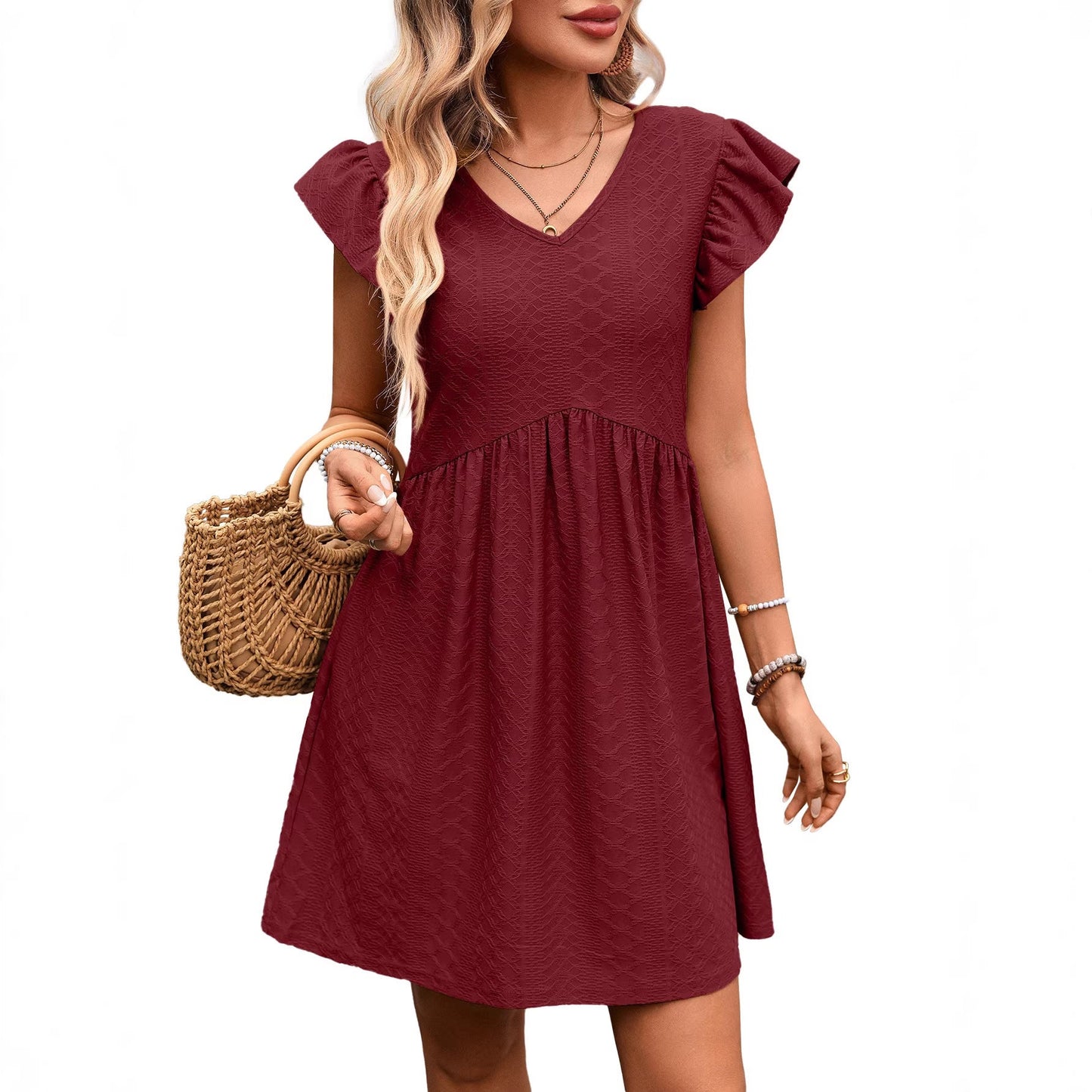 Textured V Neck Flutter Sleeve Pocket Mini Dress