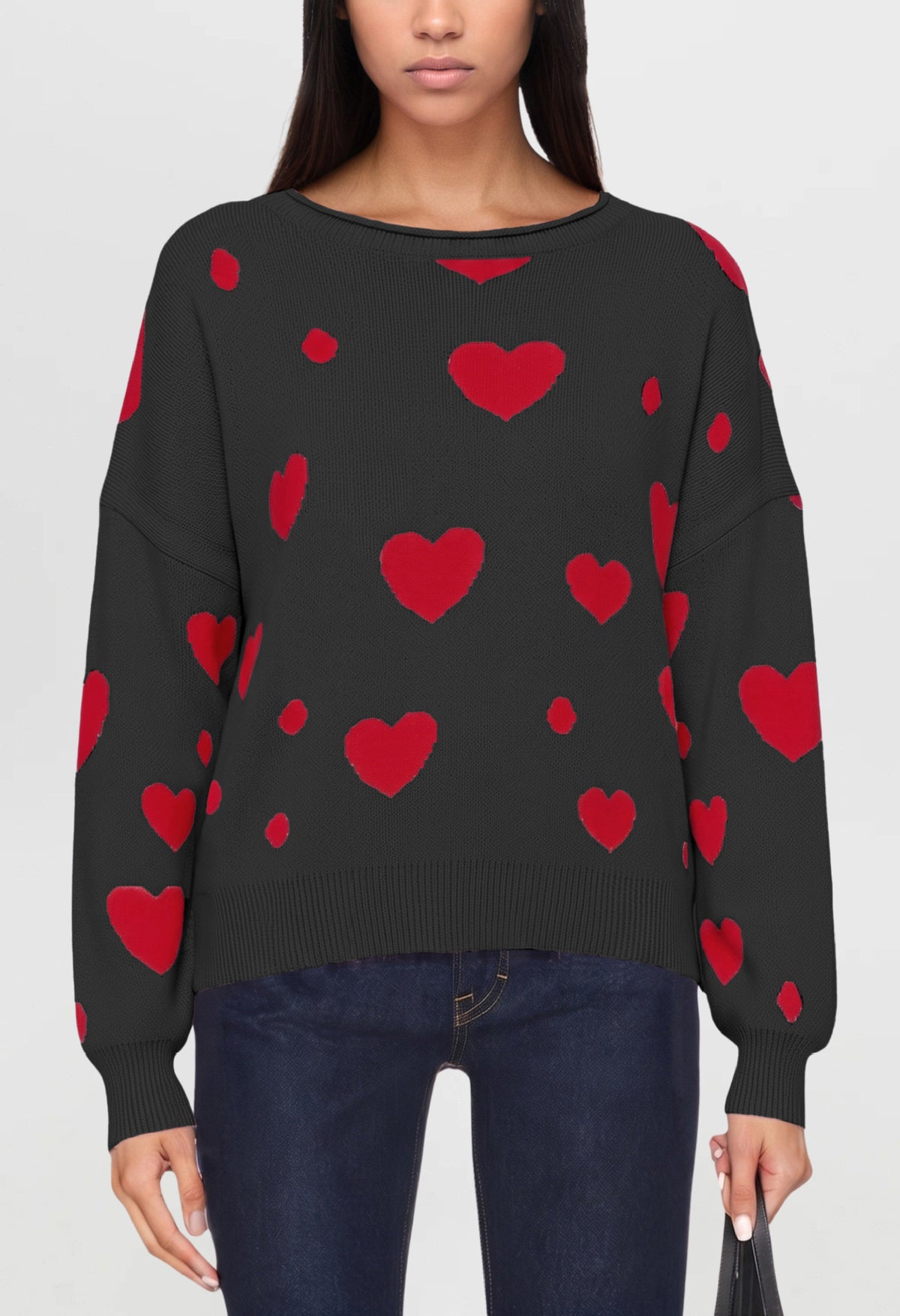 Women's Heart Print Oversized Crewneck Knit Sweater
