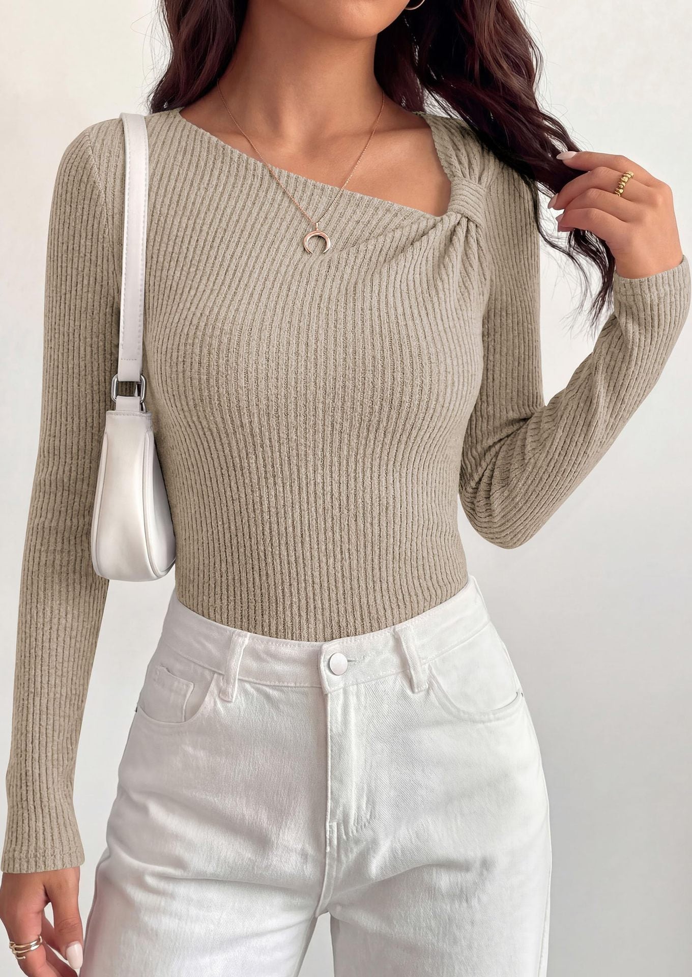 Asymmetrical Ribbed Knit Long Sleeve Sweater Top