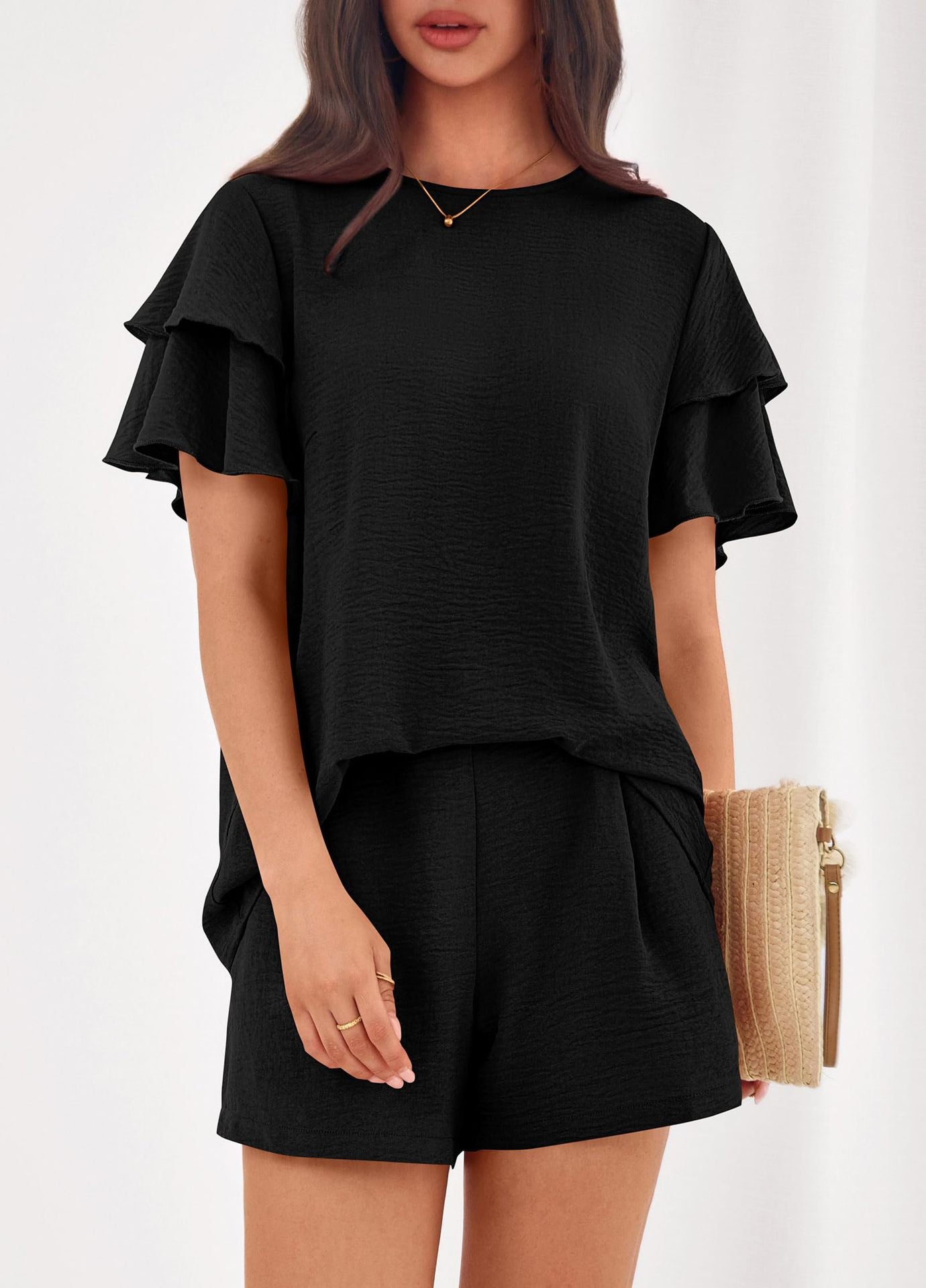 Casual Solid Ruffle Sleeve Short Set Lounge Outfit
