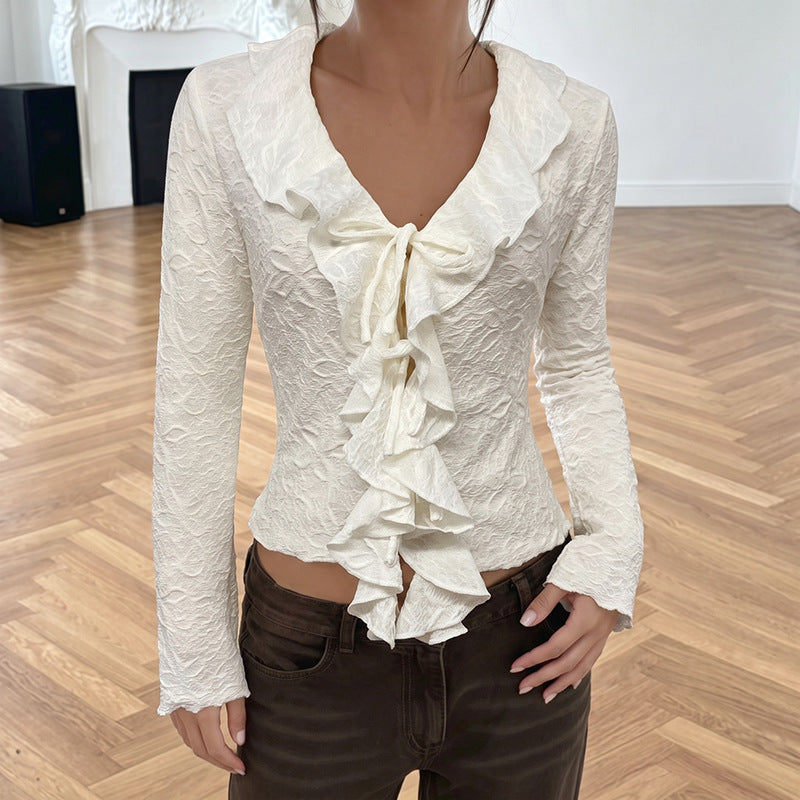 Ruffle V Neck Tie Front Long Sleeve Casual Blouse Top