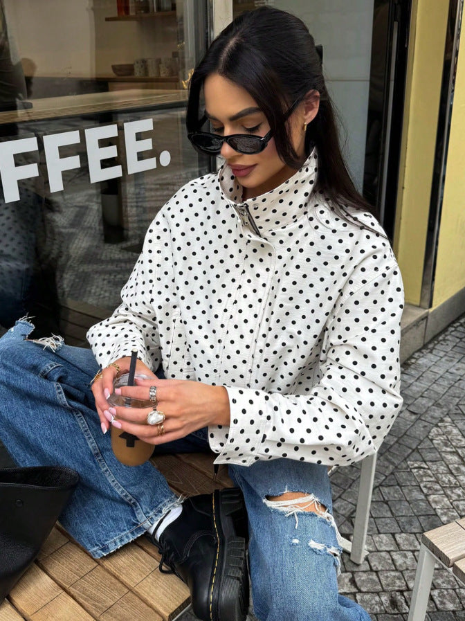 Polka Dot Woven Jacket Trendy Zip Up Stand Collar