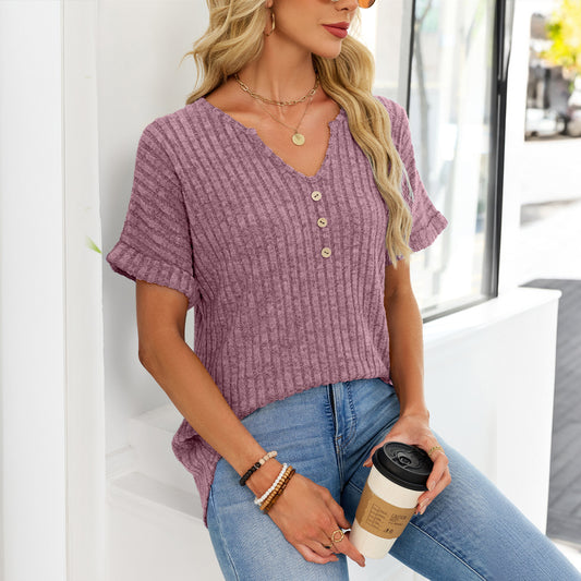 Ribbed Knit Tunic Top Button V Neck Tee