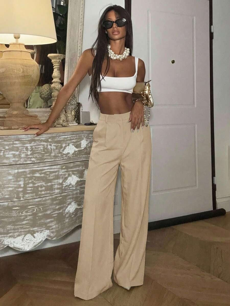 Solid High Waisted Wide Leg Dress Pants Business Work Trousers