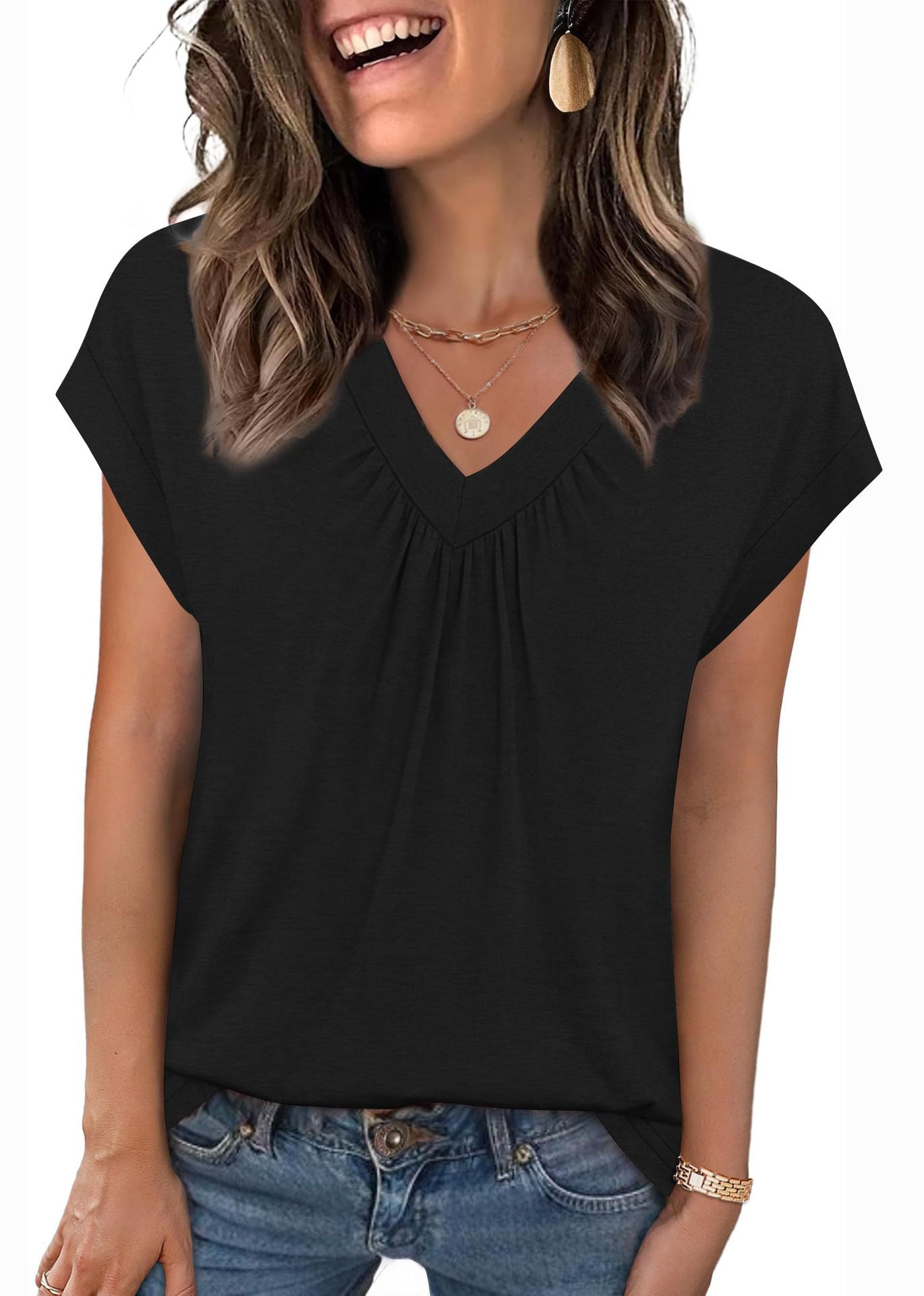 Heather Knit Tunic Top Casual V Neck Tee