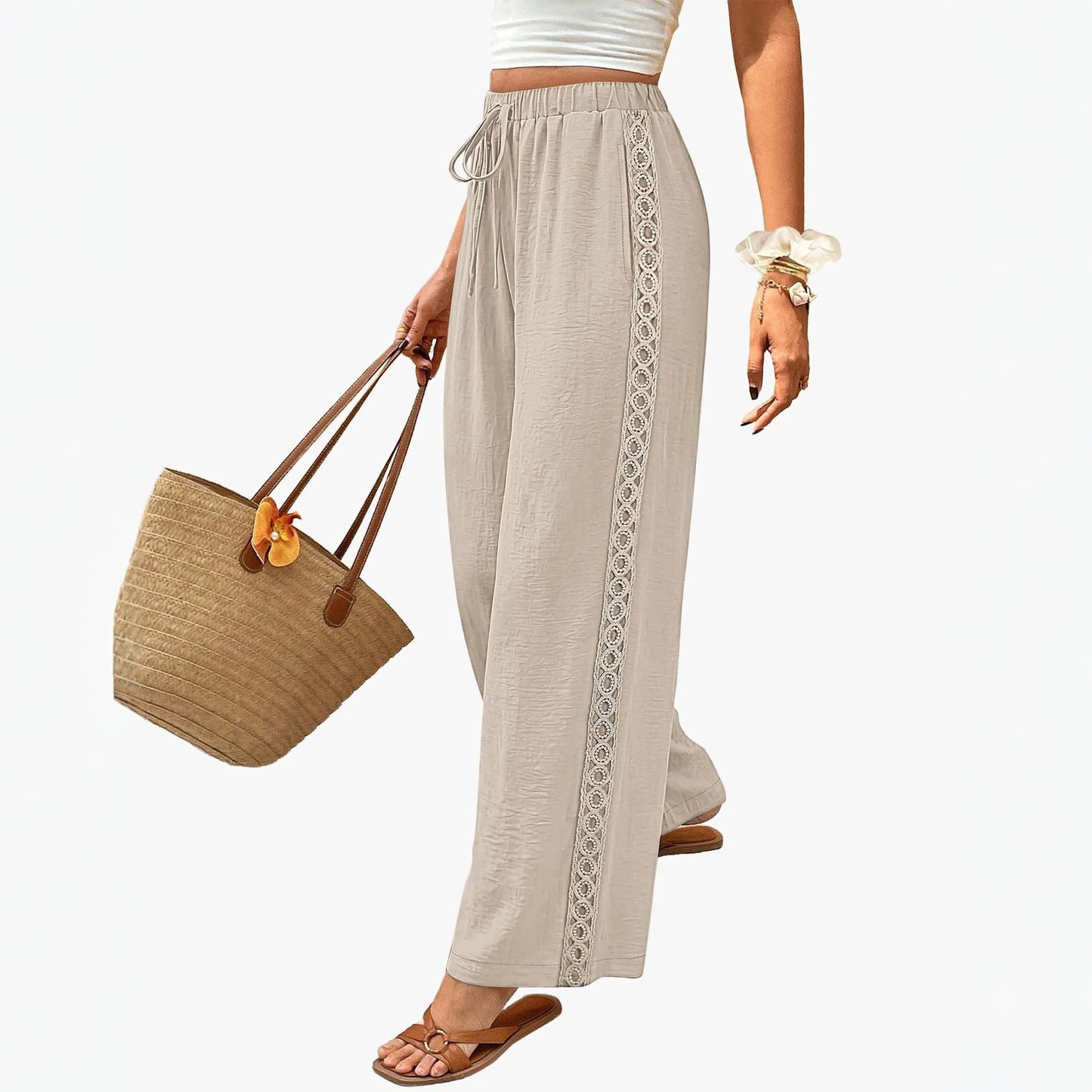 Women Lace Trim Drawstring Wide Leg Casual Pants