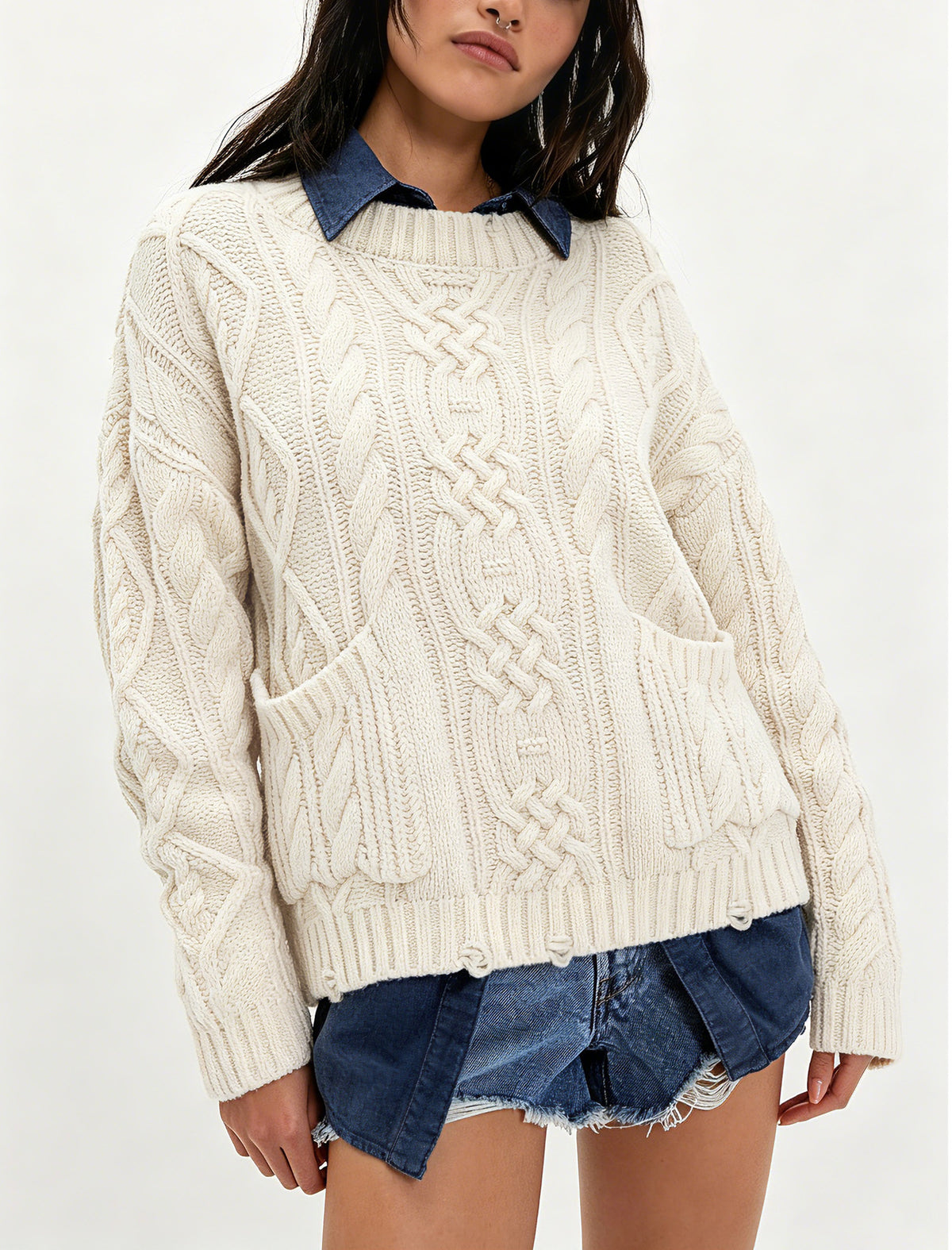 Women's Chunky Cable Knit Oversized Pullover Sweater Pocket