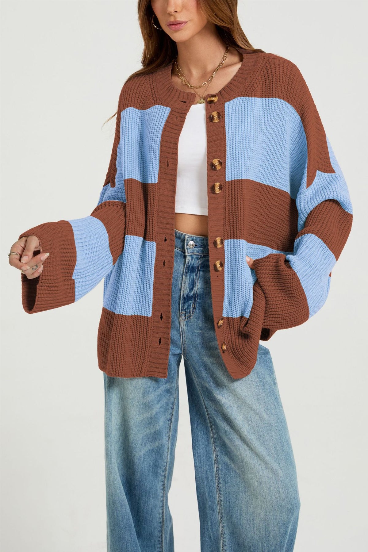 Oversized Color Block Chunky Knit Cardigan Sweater